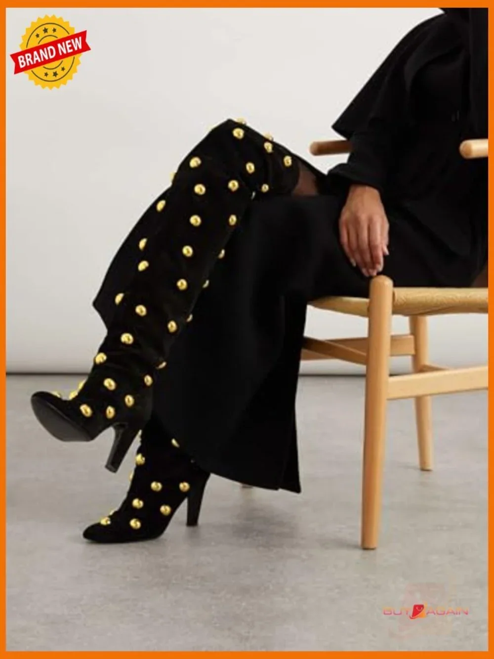 Studded Over the Knee Boots Pointed Toe Suede Chunky Heel Pull On Thigh High